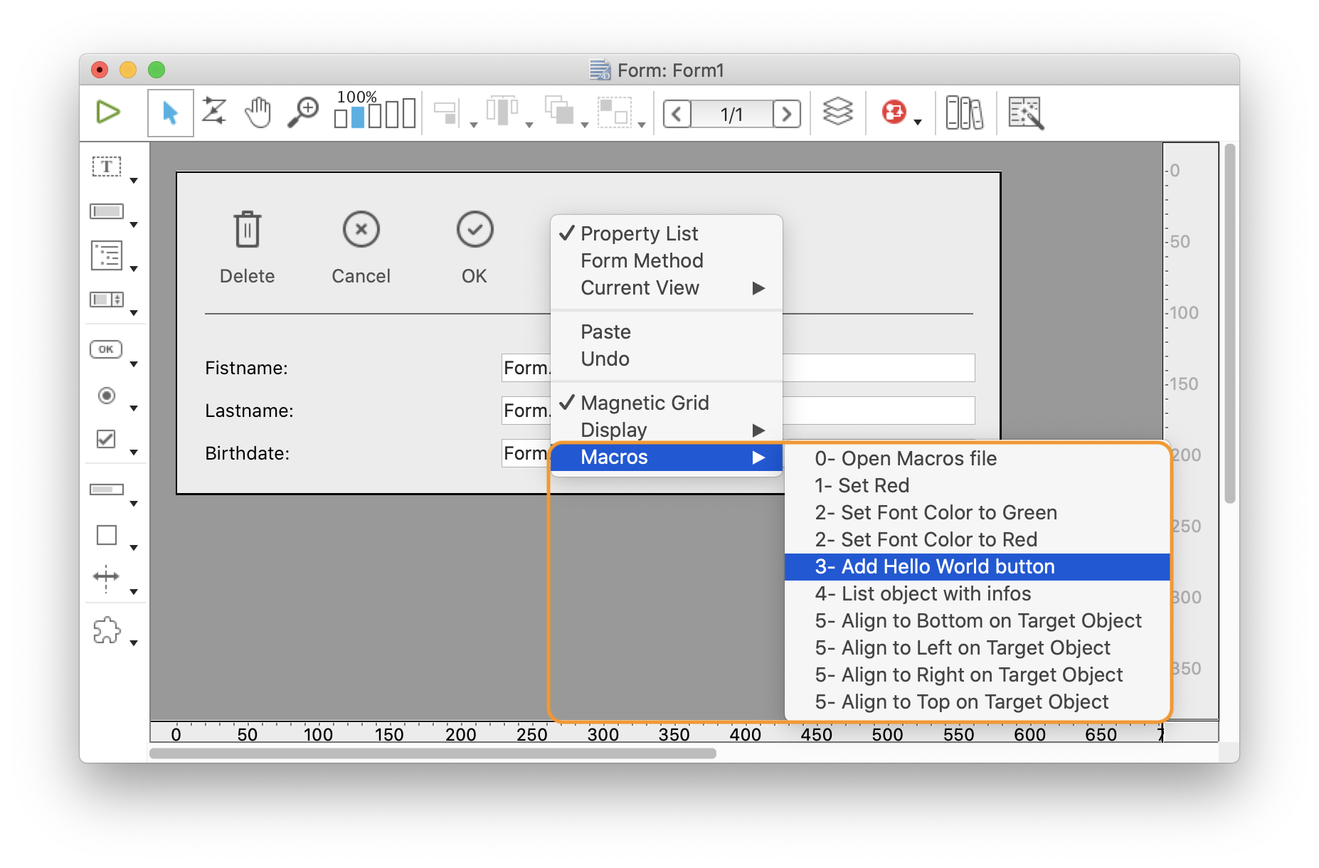 Show the macro contextual menu in the form editor