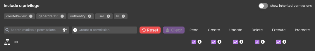 This screenshot shows a privilege management interface where a set of permissions are assigned to a data source (ds).
Read: Allowed
Create: Allowed
Update: Allowed
Delete: Allowed
Execute: Allowed