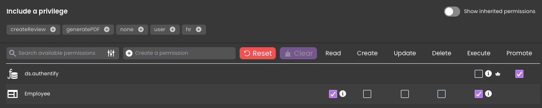 Assigned permissions to ds.authentify
Read: Enabled
Create: Disabled
Update: Disabled
Delete: Disabled
Execute: Disabled
Promote: Enabled

Assigned permissions to Employee
Read: Enabled
Create: Disabled
Update: Disabled
Delete: Disabled
Execute: Enabled
Promote: Disabled