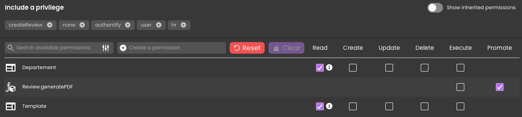 A dark-themed user interface panel titled "Include a privilege." At the top, several privilege tags such as "createReview," "none," "authentify," "user," and "hr" are displayed. Below, there is a search bar labeled "Search available permissions" and a button to create a permission. Two buttons, "Reset" (red) and "Clear" (purple), are present.

A table lists different permissions with columns for Read, Create, Update, Delete, Execute, and Promote.

    "Department" has no checkboxes selected.
    "Review.generatePDF" has Read and Promote checked.
    "Template" has only Read checked.

On the right, a toggle switch labeled "Show inherited permissions" is set to off.