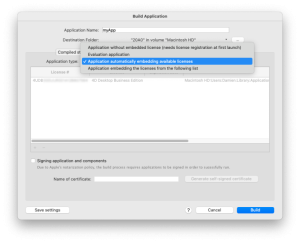 4D 20 R10 Build Application dialog with 'Application automatically embedding available licenses' selected, showing dynamic license detection for deployment.