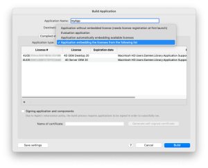 4D 20 R10 Build Application screen with 'Application embedding the licenses from the following list' selected, showing manually defined license inclusion.