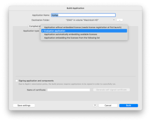4D 20 R10 Build Application window with 'Evaluation application' selected as the deployment option for testing or demo builds.