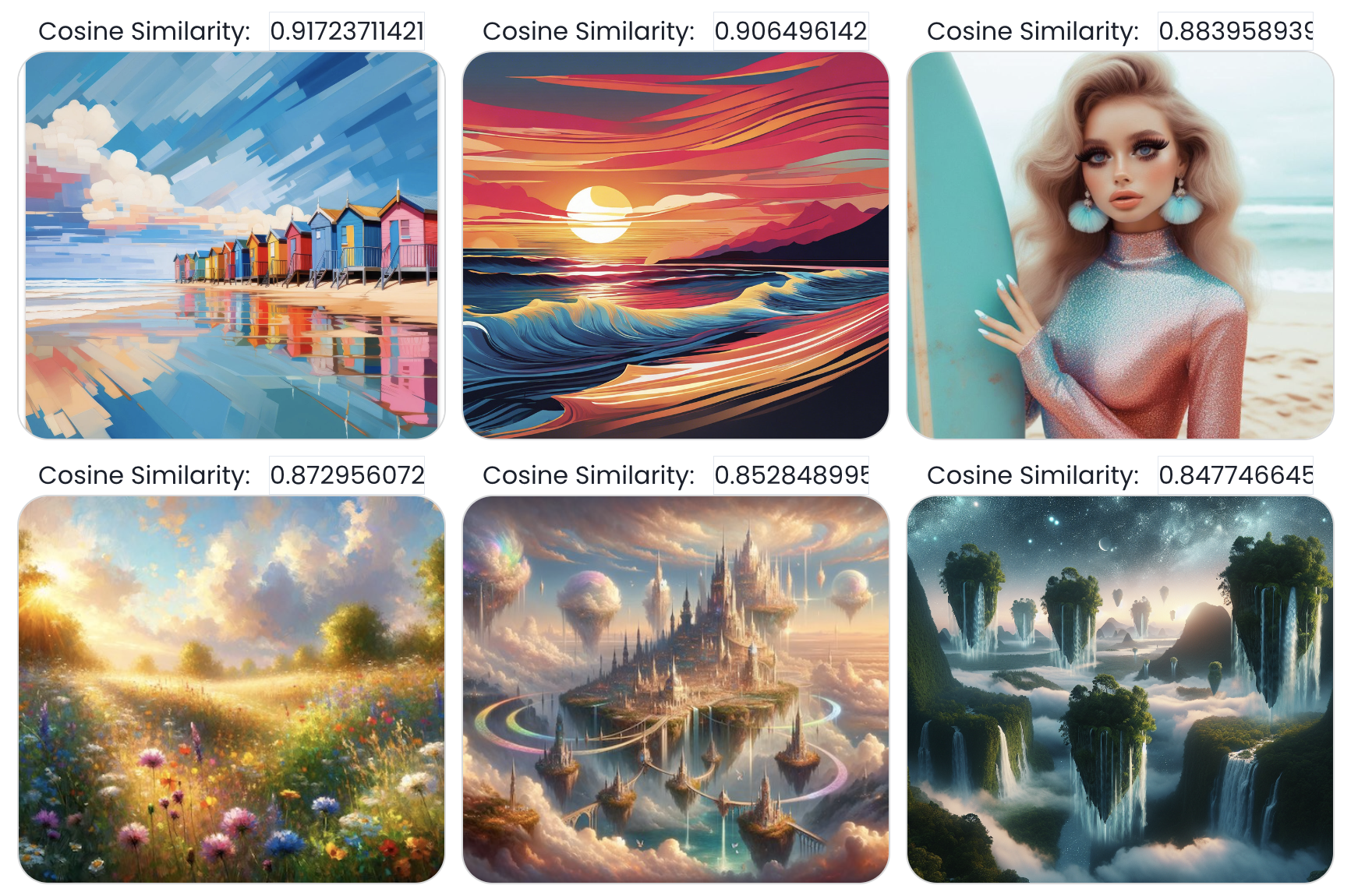 Semantic image search results for the prompt 'a vibrant and sunny beach scene with colorful elements,' ranked by AI using vector comparisons in a real-time 4D interface.