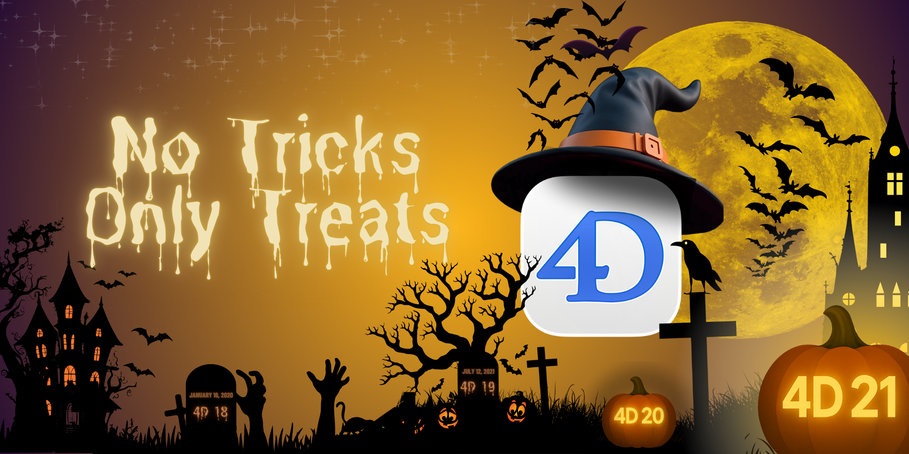 Halloween-themed 4D 21 promotion with the slogan 'No Tricks Only Treats', showing a spooky graveyard with outdated versions 4D 18 and 4D 19 as tombstones, pumpkins labeled 4D 20 and 4D 21 as the current path forward, and the 4D 21 logo wearing a witch hat as the featured highlight