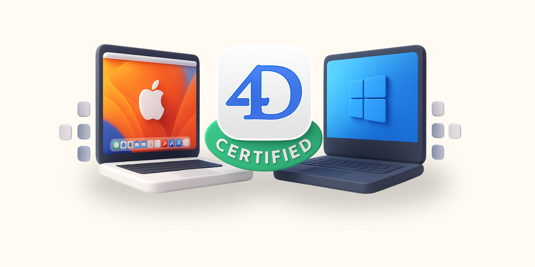 Illustration of 4D certification badge between macOS and Windows laptops, highlighting cross-platform compatibility and official support for both operating systems.
