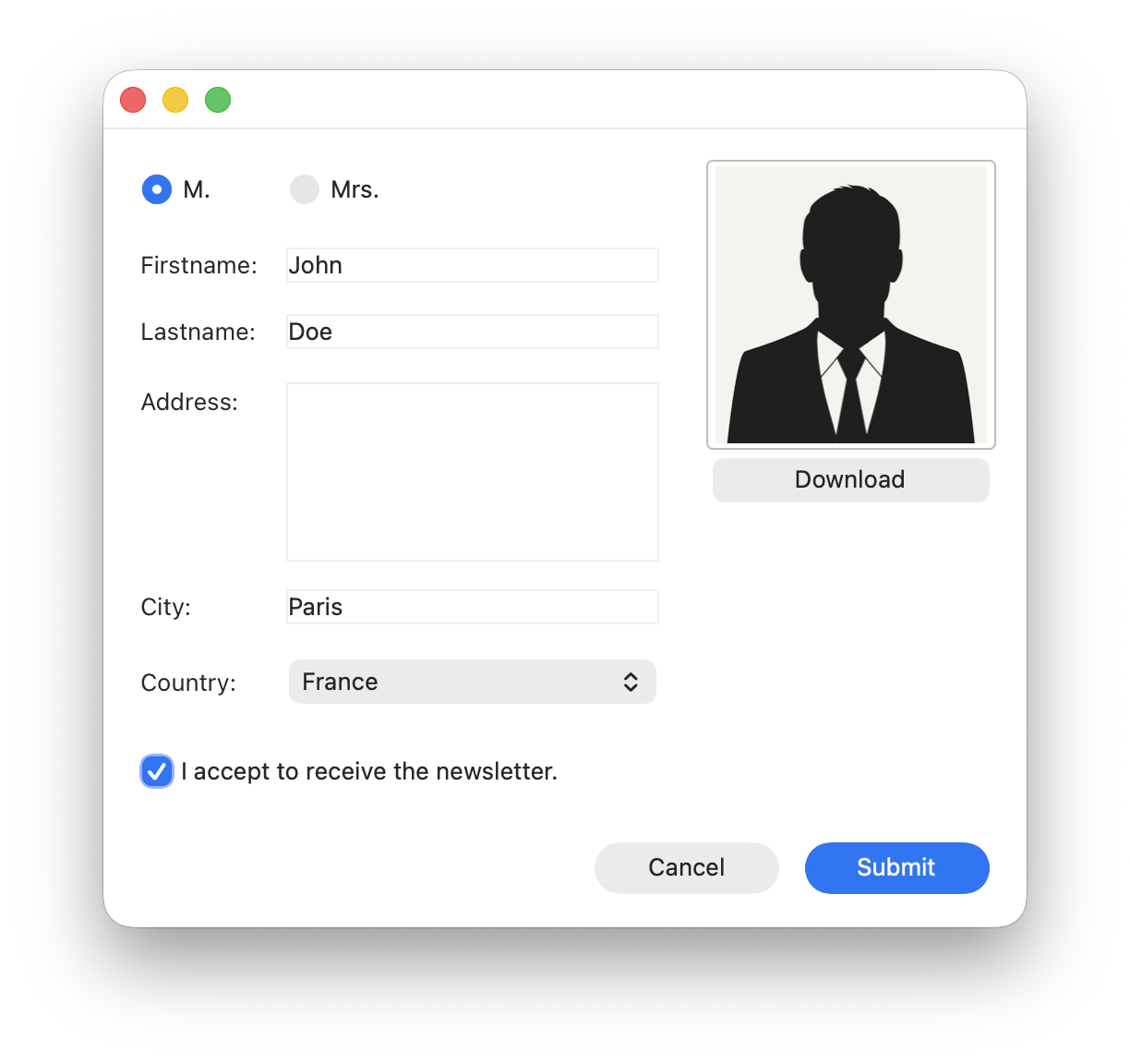 User form with Liquid Glass macOS look
