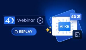 4D 21 AI Kit webinar replay thumbnail featuring the AI Kit interface and 4D branding on a dark blue background.