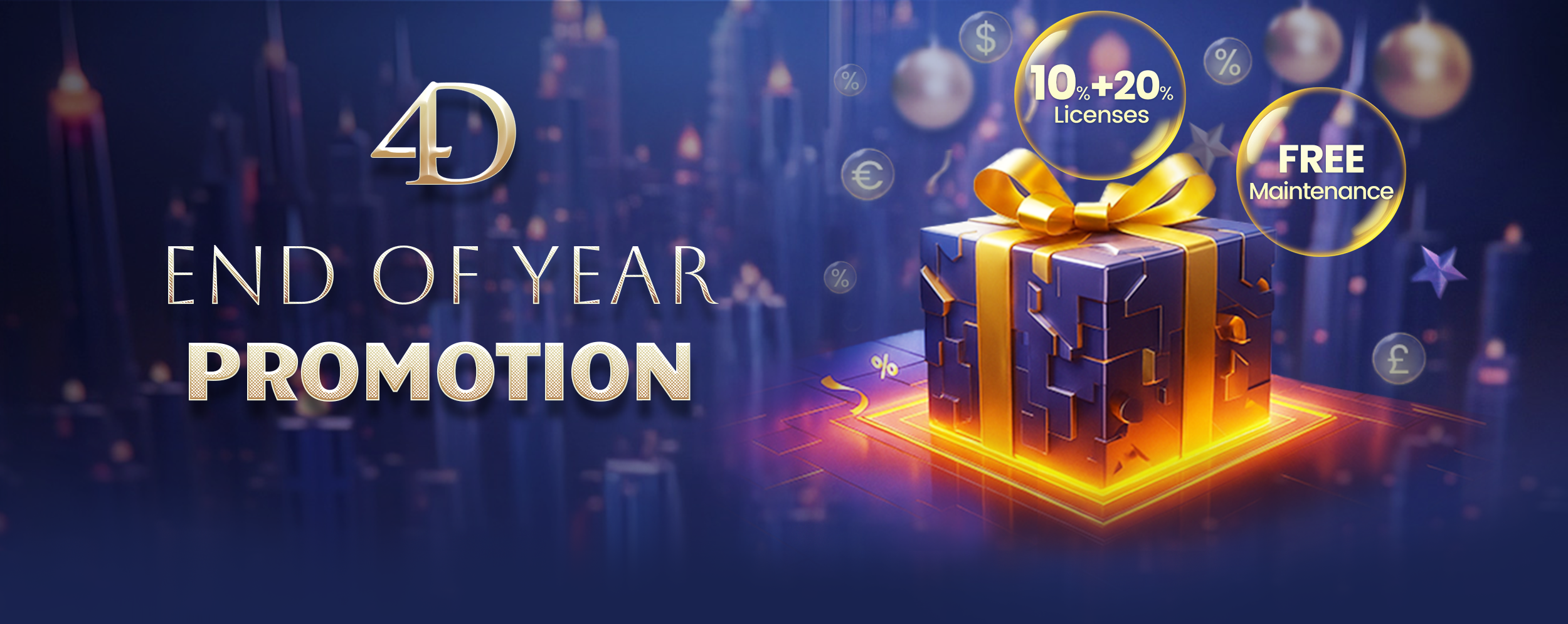 4D end-of-year 2025 promotion banner showcasing 10% + 20% license discounts and free maintenance, with a futuristic gift box on a glowing digital background.