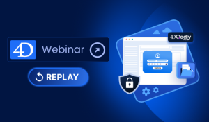 Webinar replay cover for 4D Qodly showing how to configure user permissions, define profiles, manage licenses, and build a secure front-end with login, navigation, and logout features.