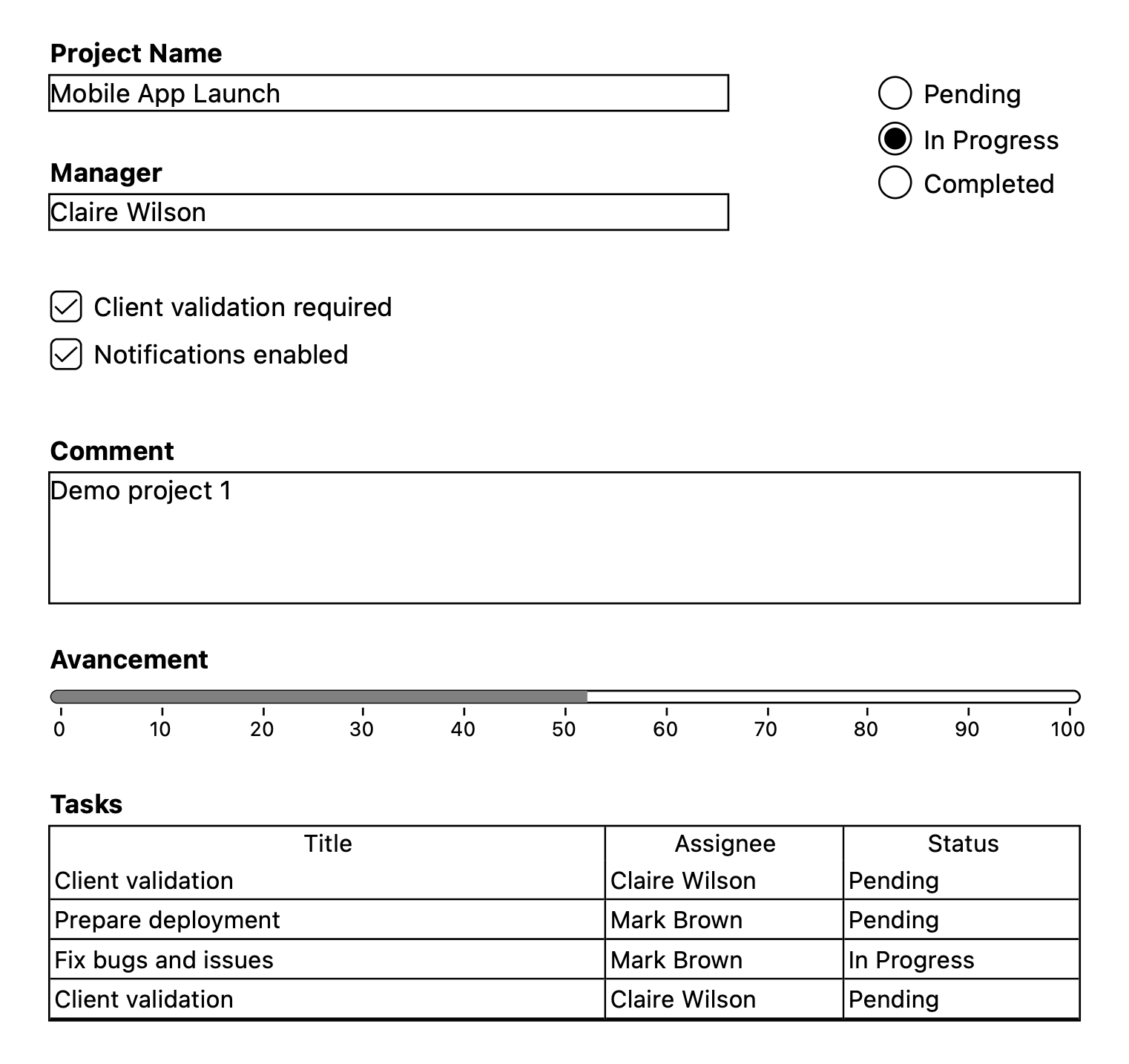 Input form with the print rendering
