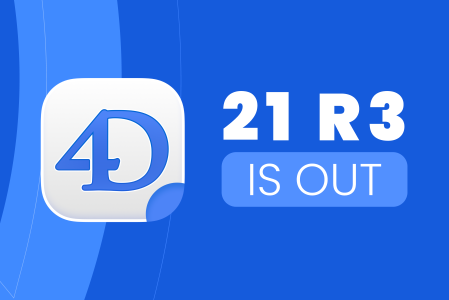 Blue promotional graphic featuring the 4D logo and the text ‘21 R3 is out,’ announcing the release of 4D 21 R3