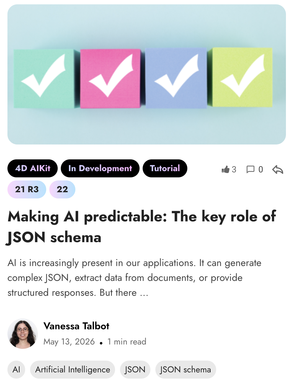 Article titled 'Making AI predictable: The key role of JSON schema' by Vanessa Talbot, explaining how JSON schema helps create reliable, structured AI responses and data extraction workflows.