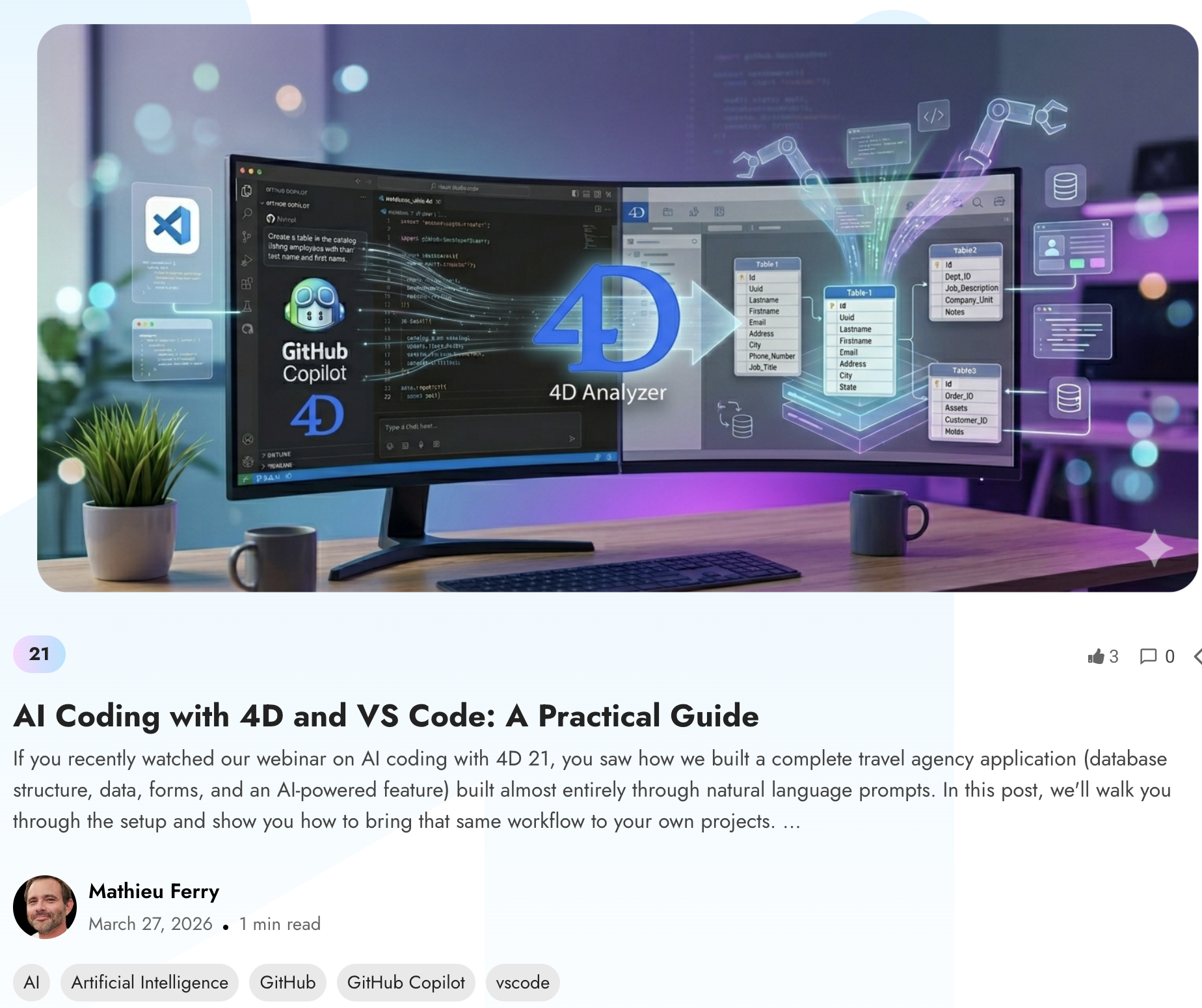 Featured image for the article 'AI Coding with 4D and VS Code: A Practical Guide,' showing GitHub Copilot, Visual Studio Code, 4D Analyzer, and database schema visualization for AI-assisted application development