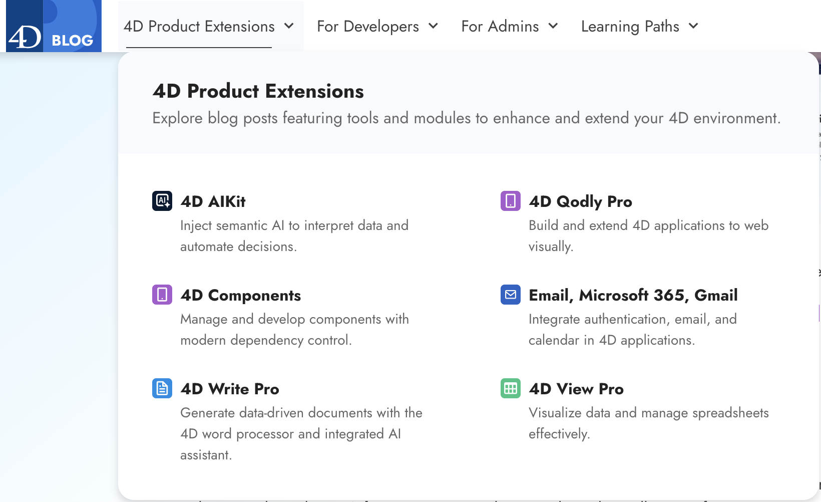 4D blog navigation bar showcasing AIKit, Qodly Pro, Components, Microsoft 365 and Gmail integration, Write Pro, and View Pro tools for extending 4D applications