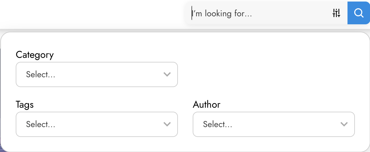 4D Blog search and filtering interface featuring a search bar and dropdown filters for category, tags, and author selection to help users find relevant content