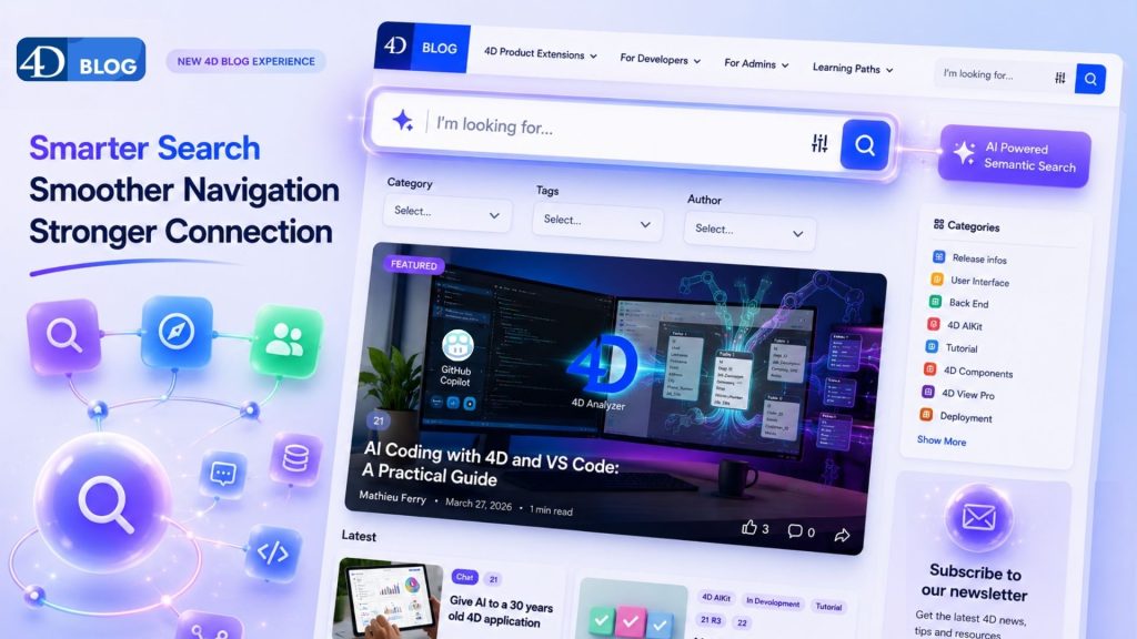 Promotional graphic for the new 4D Blog experience featuring AI-powered semantic search, smarter search functionality, improved navigation, category filters, featured articles, and newsletter subscription options.