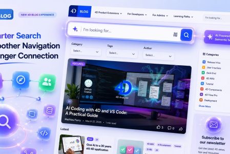 Promotional graphic for the new 4D Blog experience featuring AI-powered semantic search, smarter search functionality, improved navigation, category filters, featured articles, and newsletter subscription options.