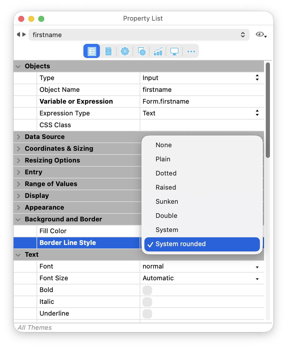 Show the new item System Rounded in the border line style menu in the property list