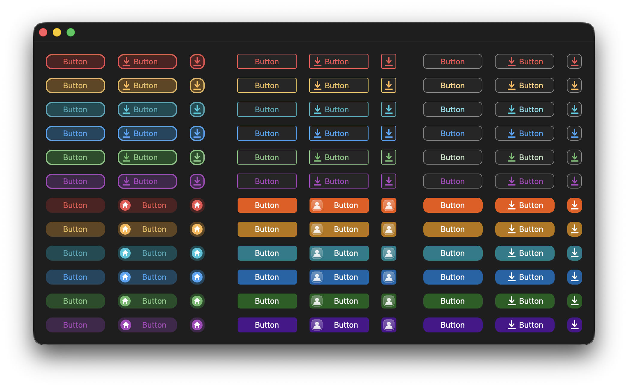 A form with custom-styled buttons, radio buttons, and check boxes in dark mode