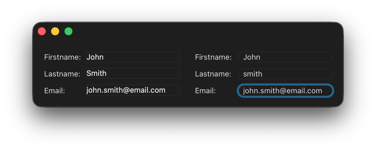 Form with input fields using the System and Rounded System styles in dark mode