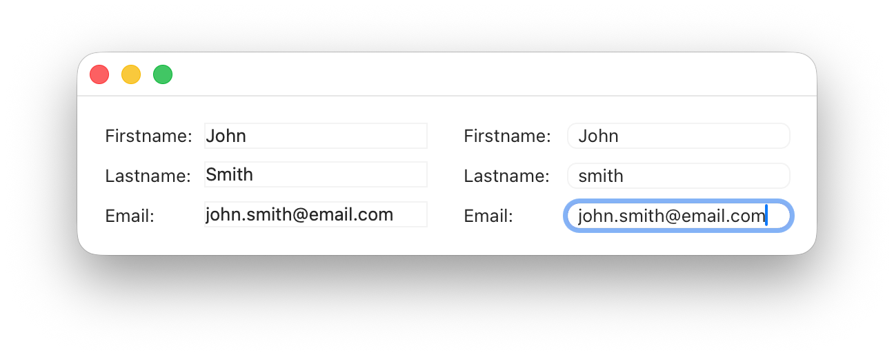 Form with input fields using the System and Rounded System styles in light mode
