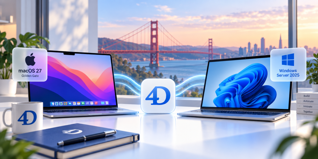 4D software compatibility with macOS 27 Golden Gate and Windows Server 2025 shown on two laptops.