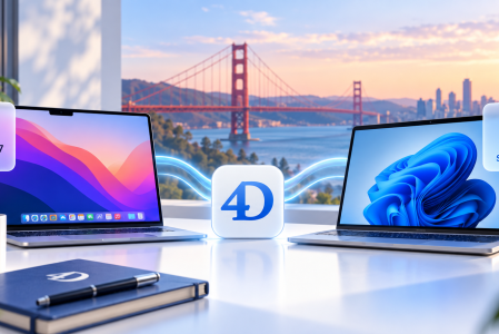 4D software compatibility with macOS 27 Golden Gate and Windows Server 2025 shown on two laptops.